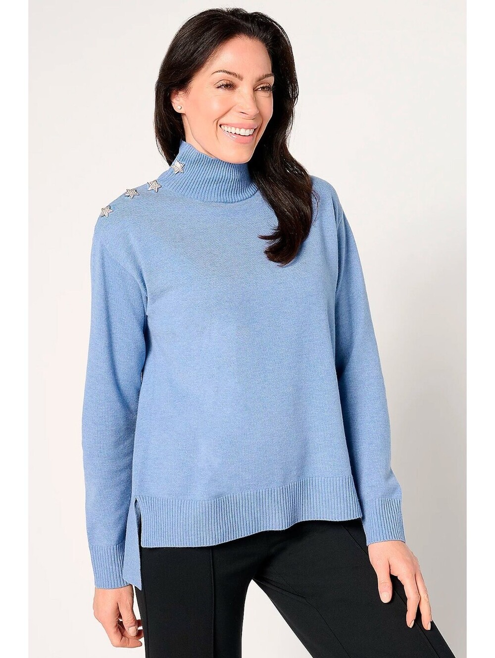 Peace Love World Turtleneck Sweater with Star Buttons Blue Haze,X-Small #12